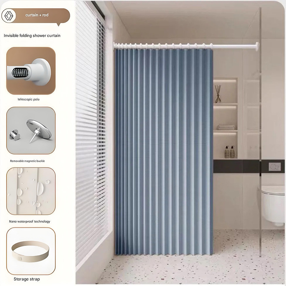 Rèm tắm gấp chống thấm nước có thanh căng & đóng từ tính – Vỏ tắm Accordion không khoan, tùy chỉnh để bảo vệ quyền riêng tư trong phòng tắm, màu trơn