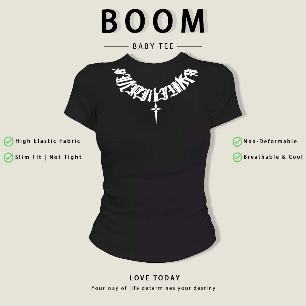 BOOM Áo Baby Tee Nữ Cotton Ôm Body-Áo Thun Ngắn Tay Y2K In Hình PhongCách Mùa Hè, Cổ Tròn Hàng Đầucách hàn quốc phongW75