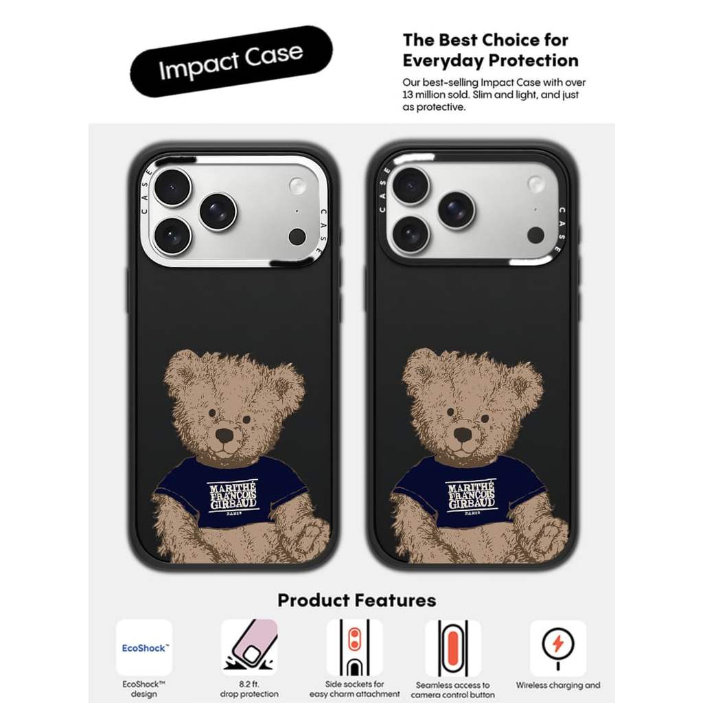 CASECASE X MARITHÉ Doodle Bear Case White Camera Ring Edition Matte Đen Cứng Hút Từ Tính Tác Động Dành Cho Apple IPhone 13 14 15 16 17 Pro Max Air Plus Có Hộp