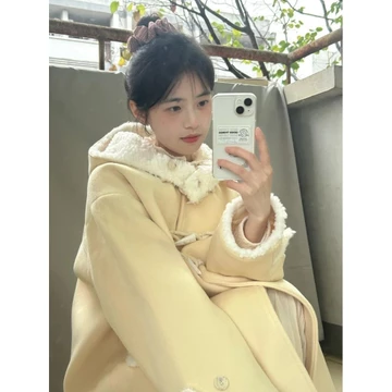 Áo khoác len mùa đông màu vàng cao cấp có mũ, áo khoác len cừu mới cho phụ nữ nhỏ nhắn, áo khoác dài vừa