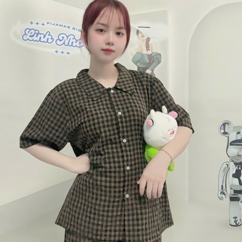 Set Pijama Nữ Caro Cotton Mềm Mát (Tặng Charm Freesize) 45-90kg PJ010 | EmxinhBigsize