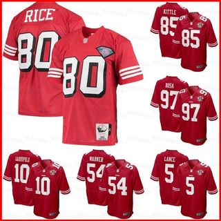 Áo bóng đá chính thức của San Francisco 49ers, bao gồm các mẫu của Rice, Lance, Warner, Bosa và Kittle