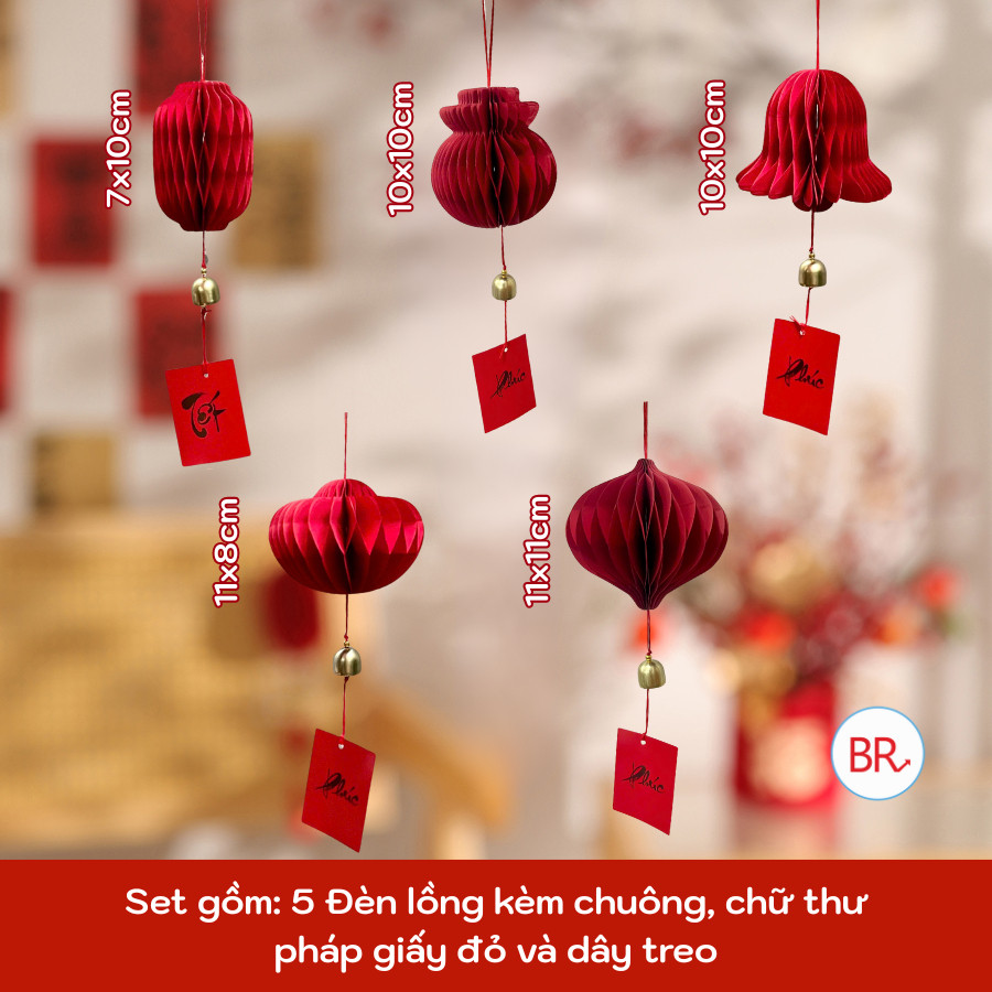 [HỎA TỐC HCM] Set 5 đèn lồng xếp kèm chuông và thẻ thư pháp,phụ kiện trang trí Tết,nhà cửa,cửa hàng đón may mắn, tài lộc