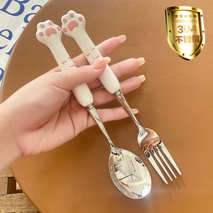 Mèo Dễ Thương Móng Vuốt Giả Sứ 304 Thép Không Gỉ Bộ Đồ Ăn 316 Thìa Nĩa Đũa Di Động Bộ Ba Mảnh Có Thể Hoạt Hình Sáng Tạo 26.4.2