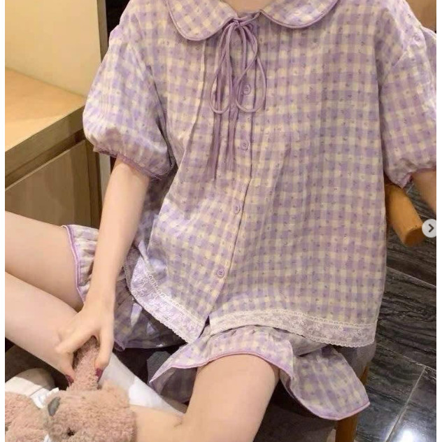 BỘ NGỦ CỘC TAY CỔ BÈO KẺ TÍM