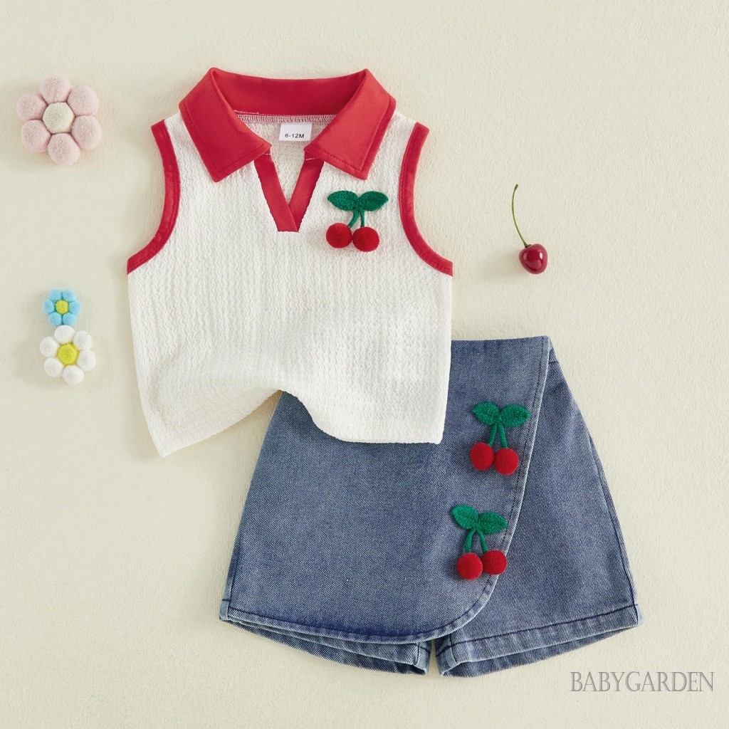 1-5 Tuổi Trẻ Em Bé Gái Mùa Hè 2 Bộ Anh Đào Trang Trí Ve Áo Cổ Chữ V Áo Áo Denim Skorts Trang Phục Cho Bé