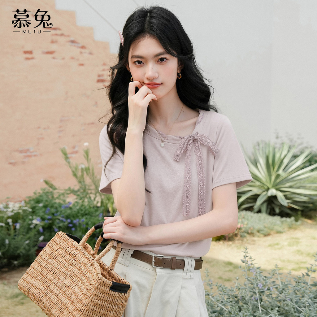 Mutu Áo Thun Nữ Ren Nơ Cổ, Màu Tím, Phong Cách Mới Nhẹ Nhàng