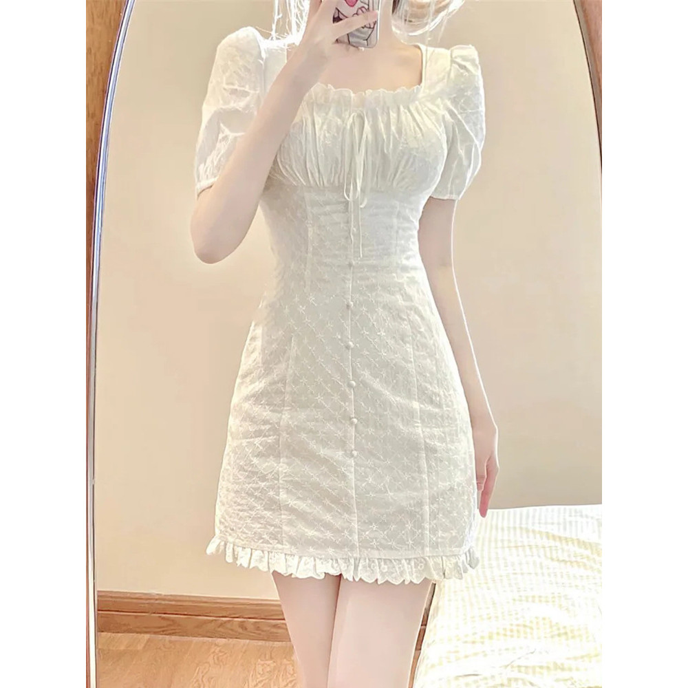 Chiếc váy ren cổ vuông tay phồng ngọt ngào và quyến rũ dành cho nữ, thiết kế mùa hè, cỡ lớn, váy ngắn thanh lịch.