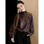Mùa Xuân 2026 - Áo sơ mi nữ retro màu cà phê, thoáng mát, pinstripe, cổ cao