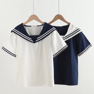 Áo sơ mi nữ cotton ngắn tay, cổ hải quân, họa tiết sọc ngọt ngào