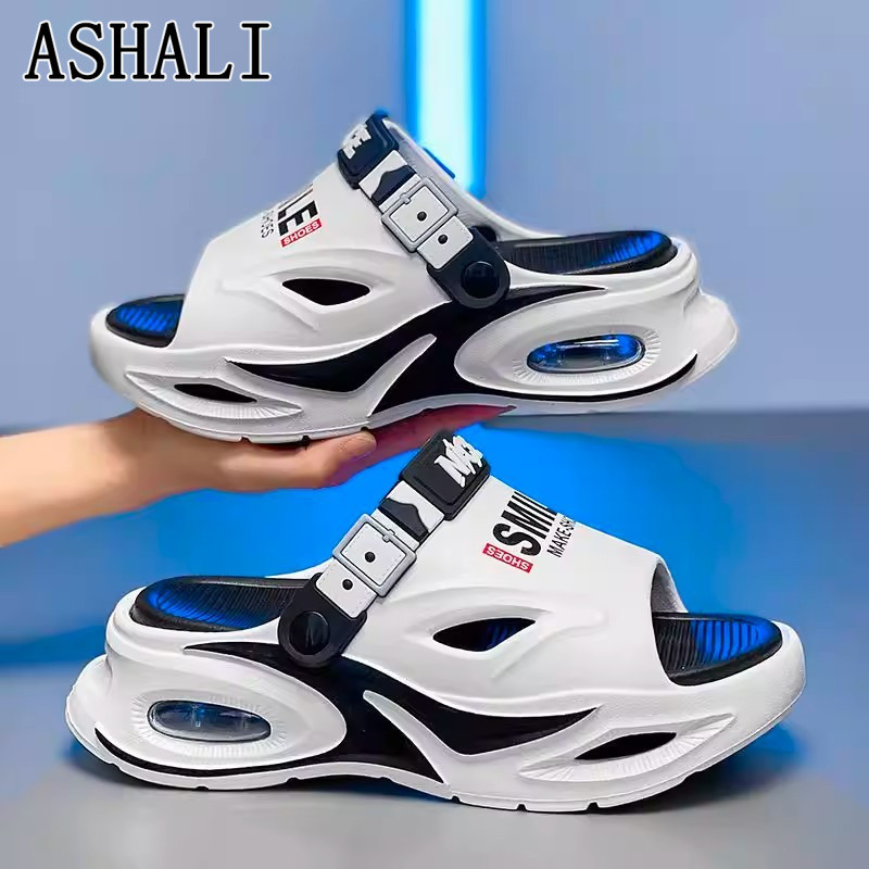 ASHALI Dép nam đệm khí thật 5cm Dép đi biển đế dày cao chống trượt ngoài trời mùa hè