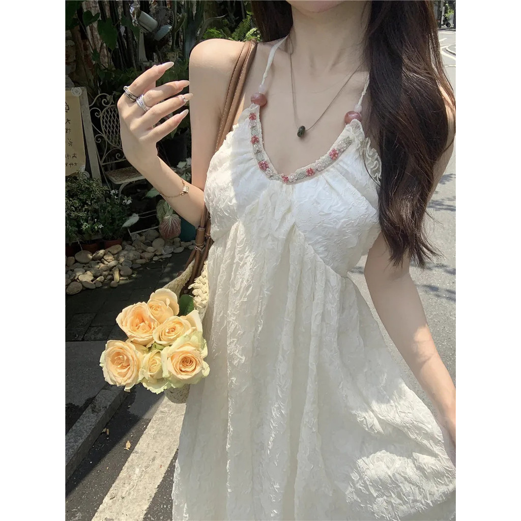 Đầm dây cổ thuần khiết của thương hiệu Luoyue Huashen - Váy voan nhẹ nhàng cho bãi biển