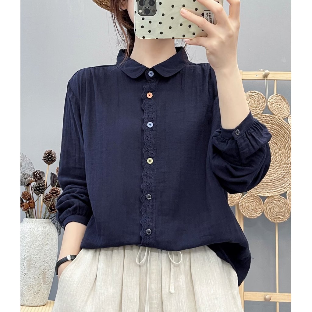 Áo sơ mi nữ thu đông mới, 100% cotton chất lượng cao, cổ tròn màu trơn tay dài, thiết kế đơn giản và thoải mái