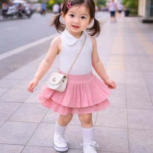 Set Bộ Bé Gái Áo Polo Sát Nách Tăm Lạnh Mix Chân Váy Xòe 2 Tầng 10-22kg - Đồ Bộ Bé Gái Phong Cách Hàn Quốc