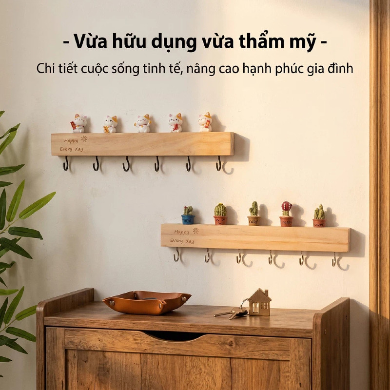 Giá treo chìa khóa gỗ tự nhiên, thiết kế sáng tạo, dán tường không cần khoan, lưu trữ gọn gàng