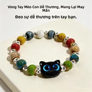 Vòng Tay Gốm Sứ Hình Mèo Đầu lâu, Dây Bện Cổ Điển, Dễ Thương Cho Bé Gái