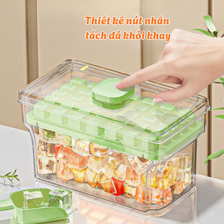 Khay Làm Đá Viên 64 Ô 2 Tầng Có Nắp Nhấn Tiện Lợi, Hộp Làm Đá Thông Minh Chống Mùi, Dễ Dàng Lấy Đá