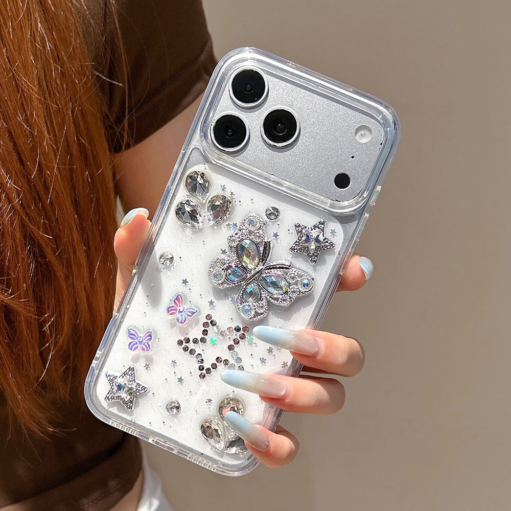 Ốp Điện Thoại Nhựa Bướm Kim Cương 3D Cho iPhone 17 Pro Max 16 15 14 13 Vỏ Bảo Vệ Chống Sốc