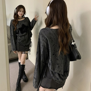 Áo thun tay dài dáng rộng, khoét lỗ, có dây rút, kiểu dáng thời trang, dành cho nữ, hở vai.