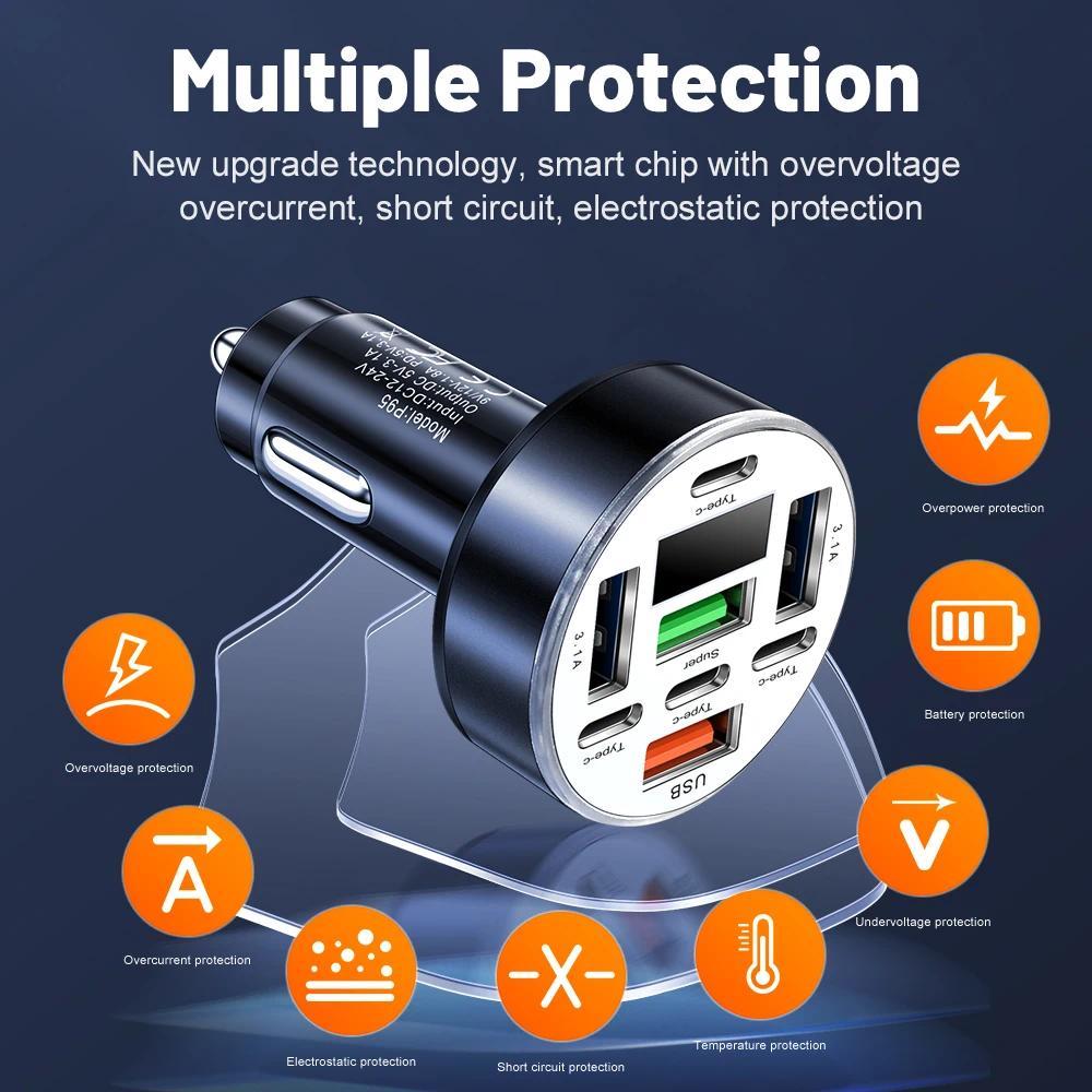 Ổ cắm sạc ô tô 8 trong 1 Bộ chuyển đổi nguồn sạc nhanh PD / QC / SCP Bộ sạc nhẹ thuốc lá ô tô với đèn LED Vôn kế kỹ thuật số