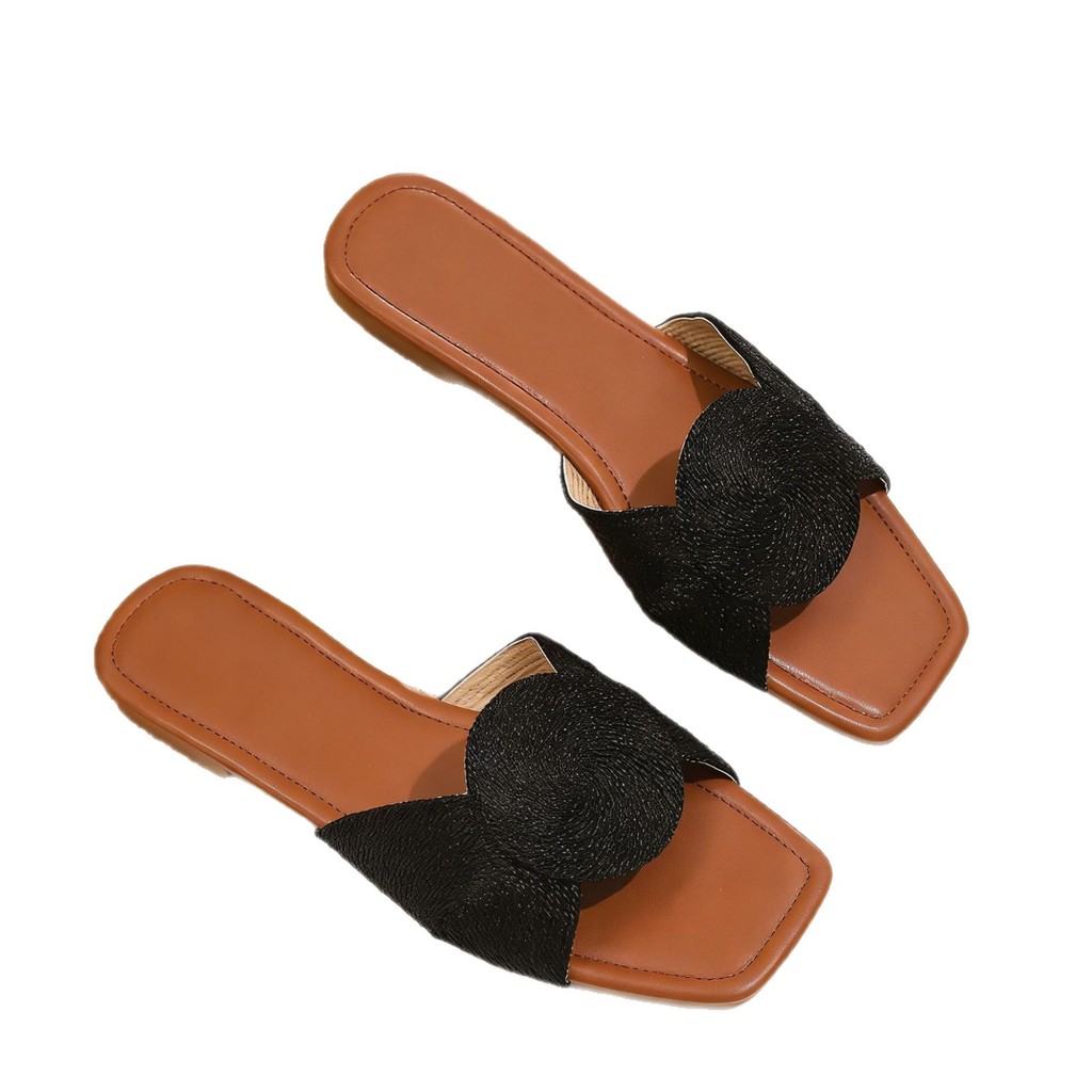 3 Màu Size Lớn 36-44 Dép Đế Bằng Nữ Mùa Hè Dệt Thêu Ren Mũi Vuông Thanh Lịch Ngoài Trời Đảng Dép Thường Ngày KJVD