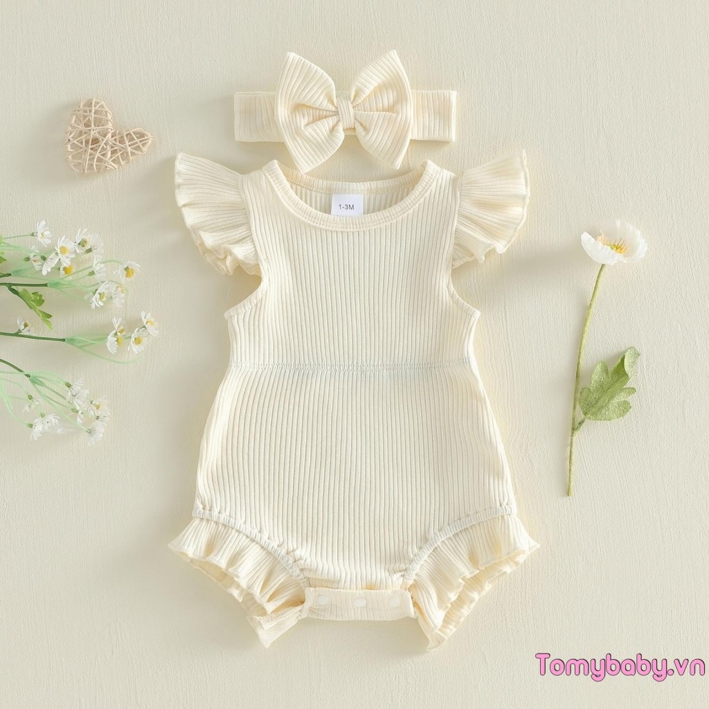 [lpDL] Bộ áo liền quần cổ tròn tay bay cho bé gái có băng đô mùa hè chắc chắn
