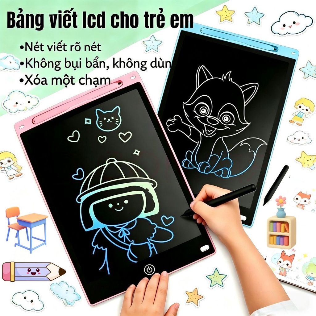 Bảng vẽ LCD cho bé, xóa tự ng 1 nút bấm, bảng viết điện tử giúp phát triển trí sáng tạo