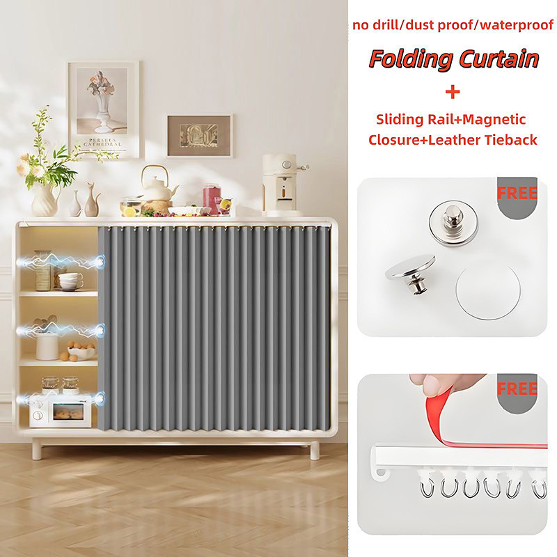 Rèm Accordion đóng từ tính cho tủ bếp – Vỏ gấp chống nước không khoan có bộ đường ray, tùy chỉnh phù hợp để ẩn ống dưới bồn rửa