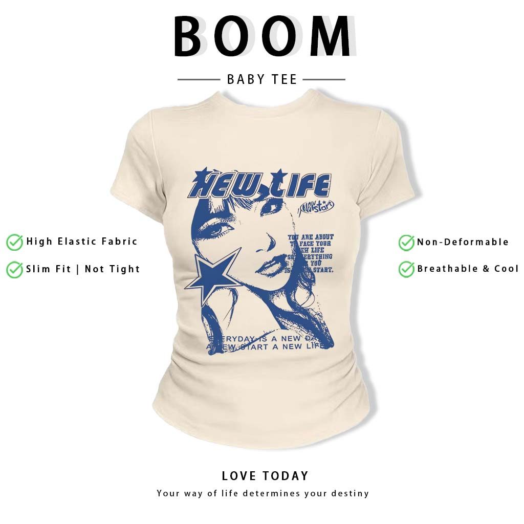 BOOM Áo Baby Tee Nữ Cotton Ôm Body-Áo Thun Ngắn Tay Y2K In Hình PhongCách Mùa Hè, Cổ Tròn Hàng Đầucách hàn quốc phongQ47