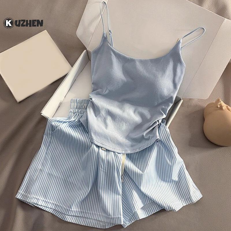KUZHEN Bộ Đồ Ngủ Sweet Stripe, Có Miếng Lót Ngực, Phù Hợp Mặc Hàng Ngày và Thời Trang