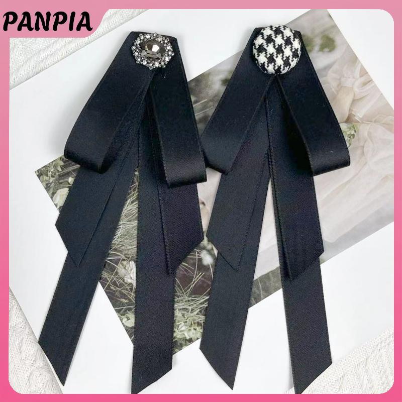 PNPIA- Vải Đen Nơ Thổ Cẩm Dành Cho Nữ Phong Cách Đại Học Cổ Hoa Ve Áo Chân Pha Lê Cà Vạt Trang Sức Thời Trang Quà Tặng