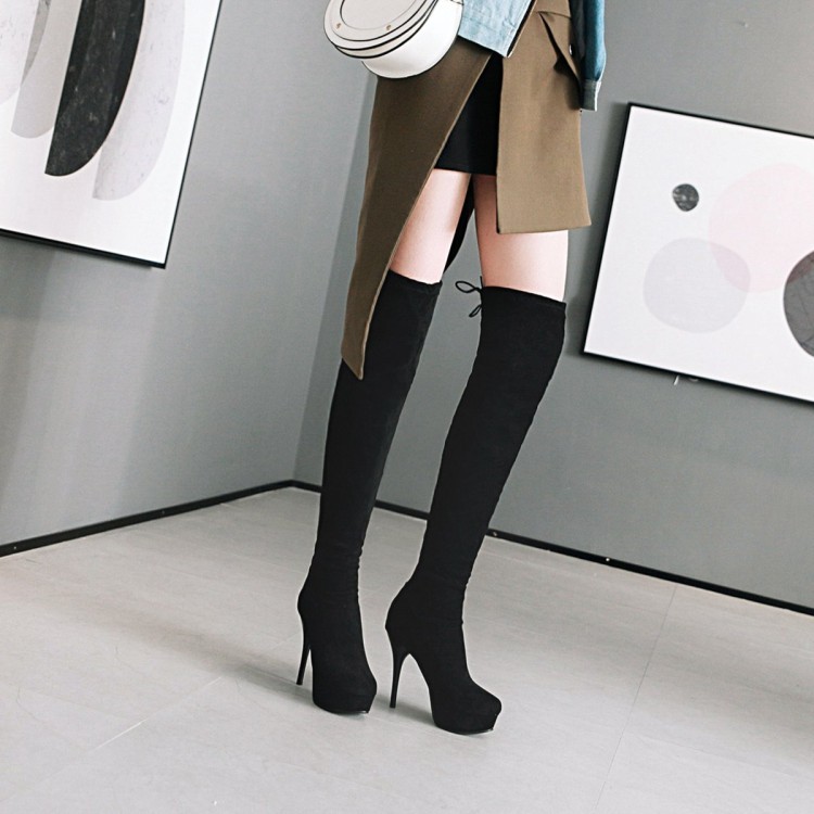 VNHX32-48 Kích Thước Lớn Kích Thước Nhỏ Thời Trang Ngón Chân Tròn Gợi Cảm Siêu Cao Gót Trên Đầu Gối Giày Bốt Ren Lưng Da Lộn Dây Lưng Chống Thấm Nước Giày Nền Tảng