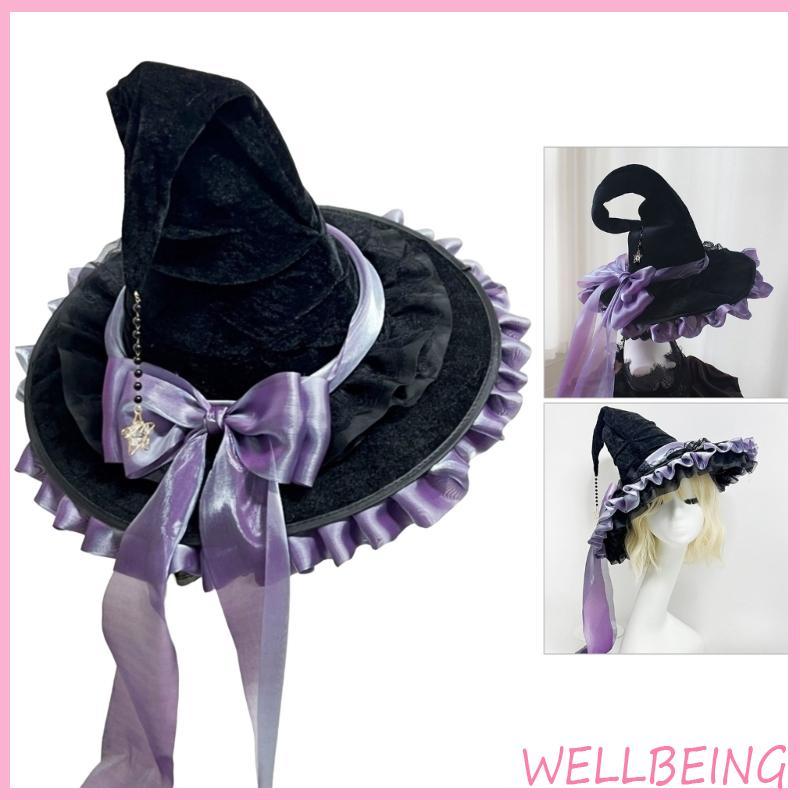 Wellb Halloween Mũ Phù Thủy Mũ Phù Thủy Cho Nữ Cô Gái Phù Thủy Cosplay Trang Phục Phụ Kiện Nơ Thiết Kế Mũ Nhọn Gif