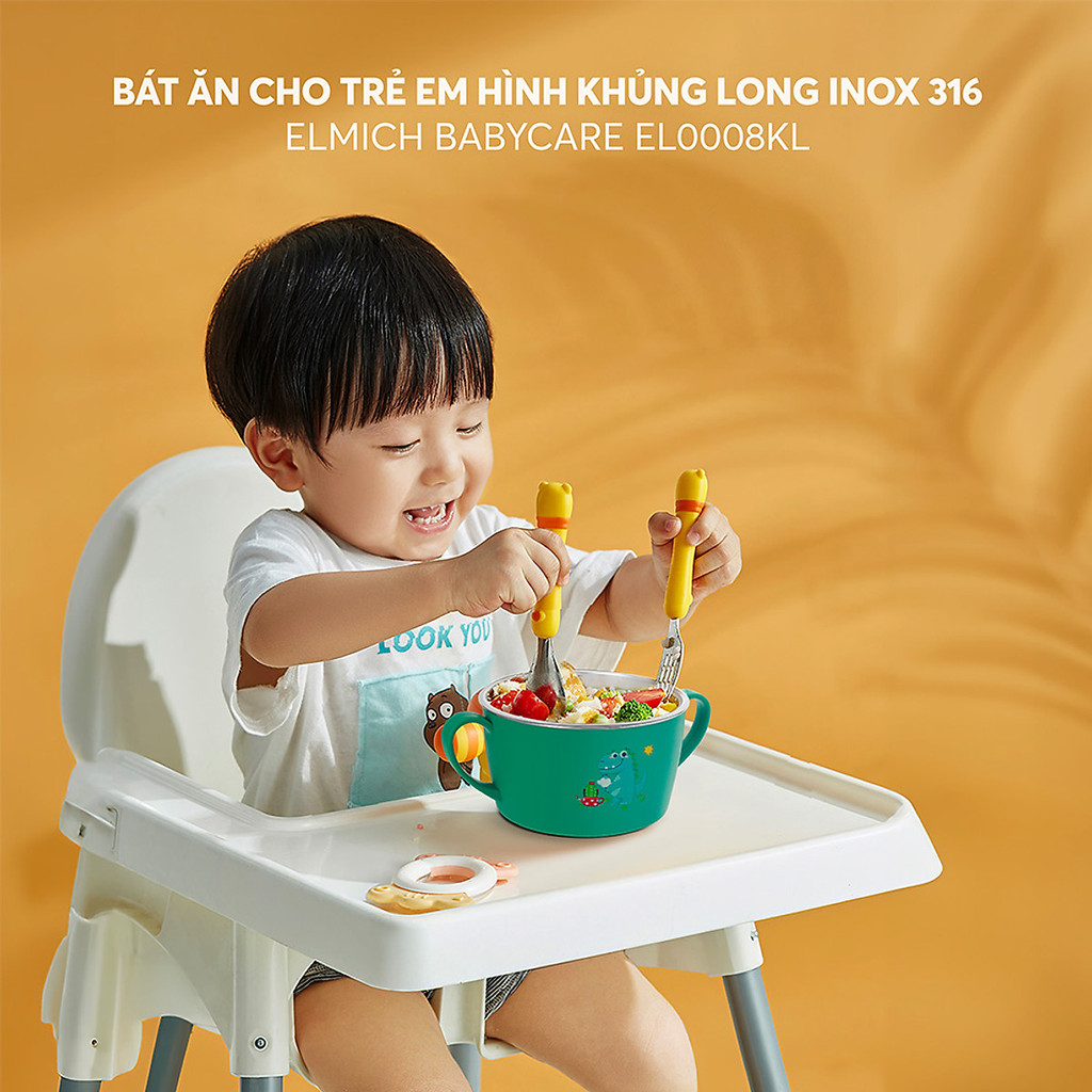 Bát ăn cho trẻ em khủng long inox 316 Elmich Babycare EL-0008KL