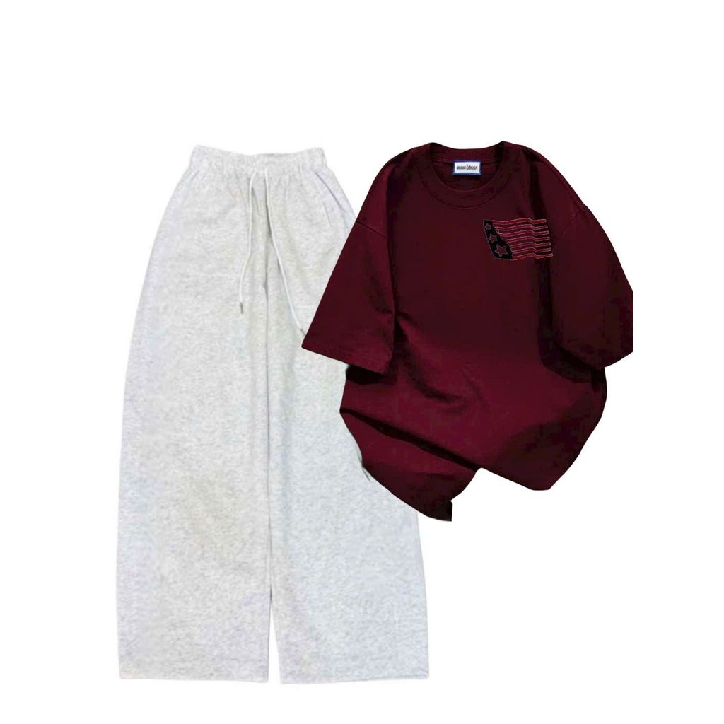 sét bộ quần dài  da cá xám đậm trơn + mix áo phông form rộng lá cờ mỹ chất vải cotton su