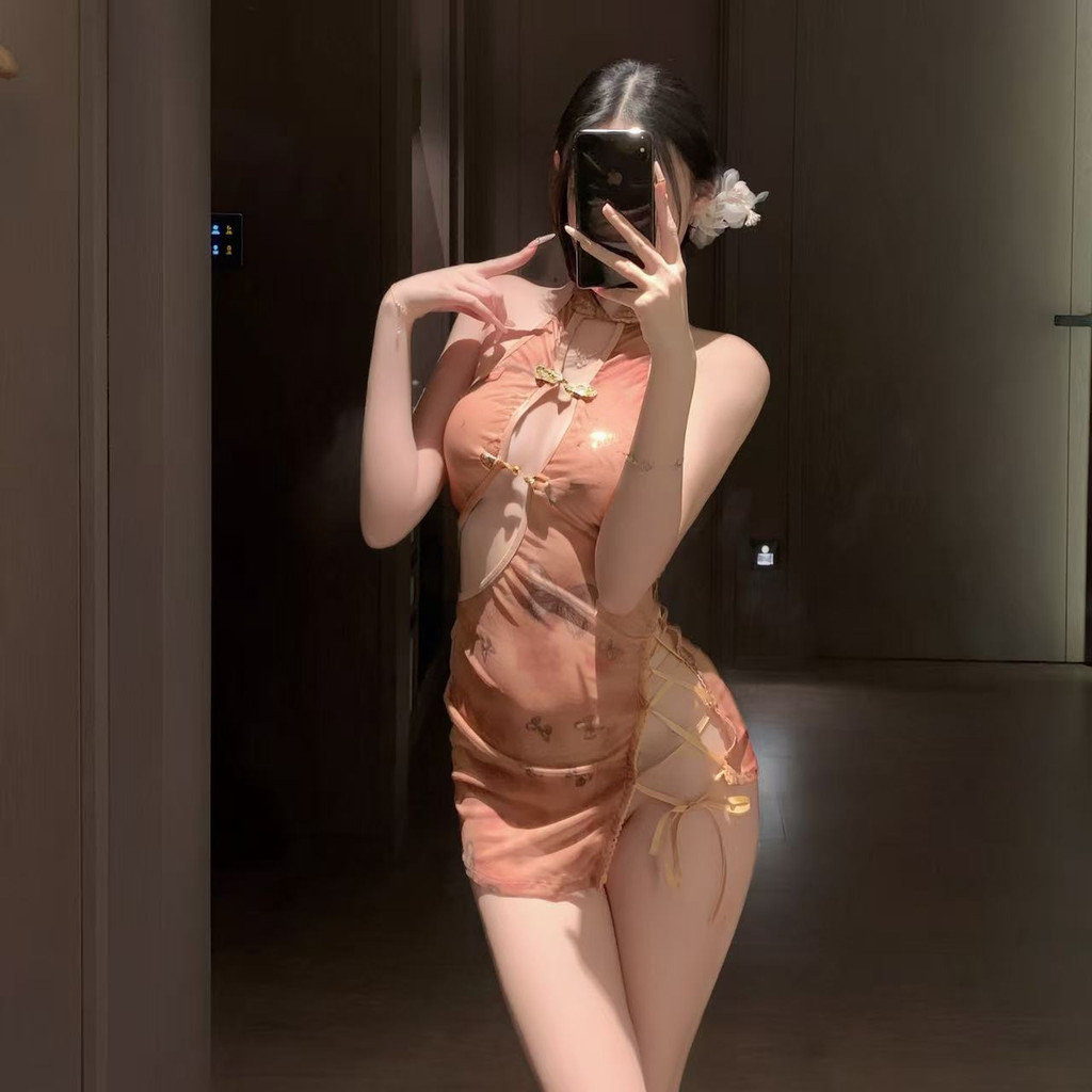 Pure Desire Đồng phục tháo body kích thước lớn, thiết kế retro sườn xám gợi cảm với quần lót lộn ngực rỗng cải tiến