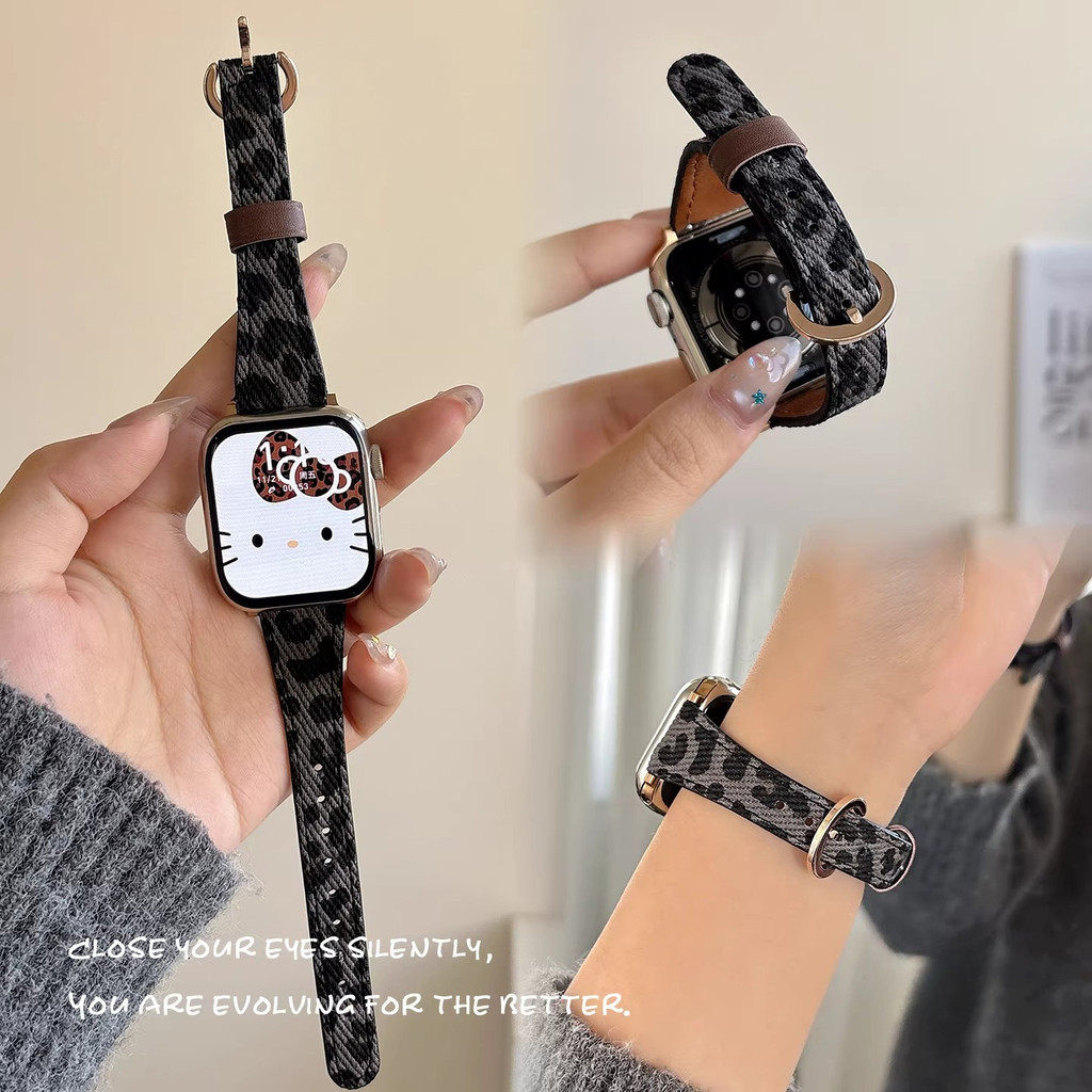 Da Báo In Dây Da denim Cho Apple Watch 44mm 40 45 41 49 46 42 38 mm Vòng Tay Series 11 10 9 8 SE 7 6 5 4 3 Dây Đeo