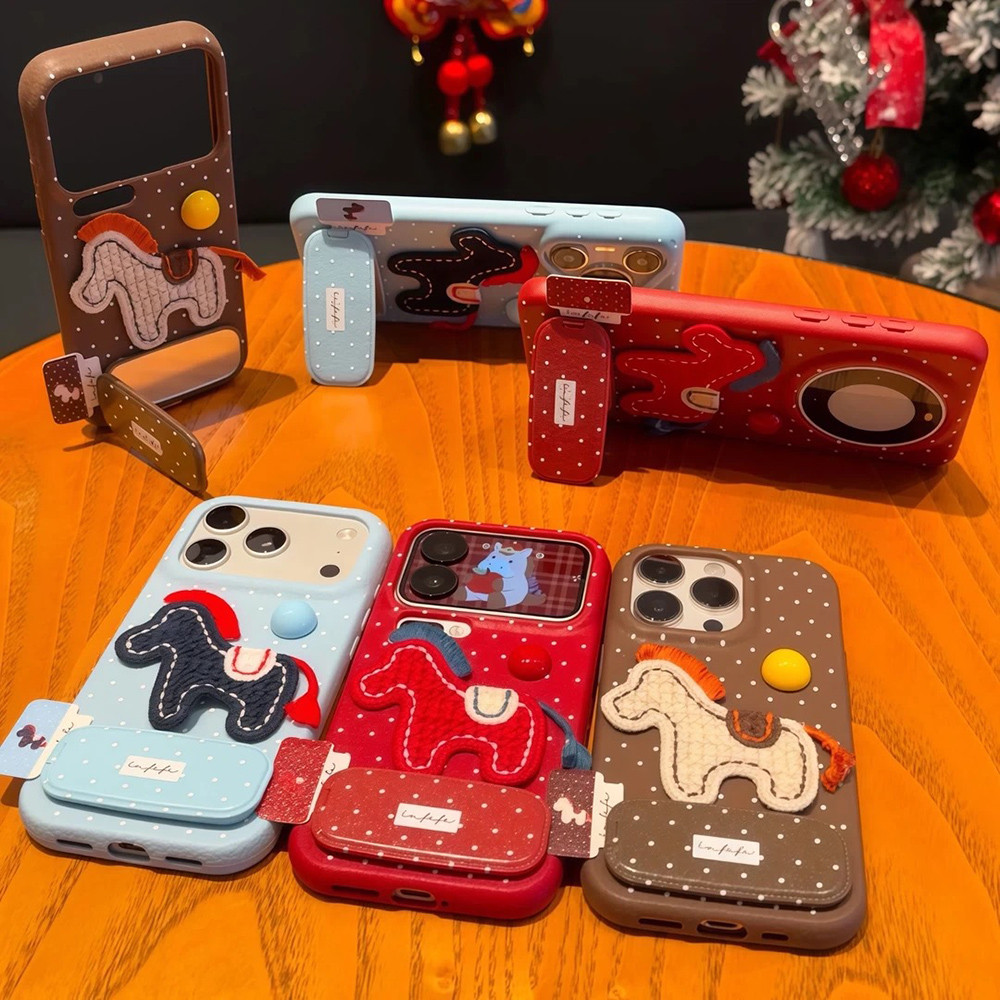 3D Thêu Ngựa Đậu + Gương Giá Đỡ Da Gấp Ốp Lưng Điện Thoại iPhone 17 Pro Max 17 Air 16 Plus 15 14 13 12 11 Vỏ Bảo Vệ Chống Sốc