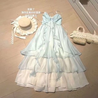 Váy dây đeo spaghetti phong cách kỳ nghỉ bãi biển nữ, váy dài không lưng mới mùa hè trẻ trung