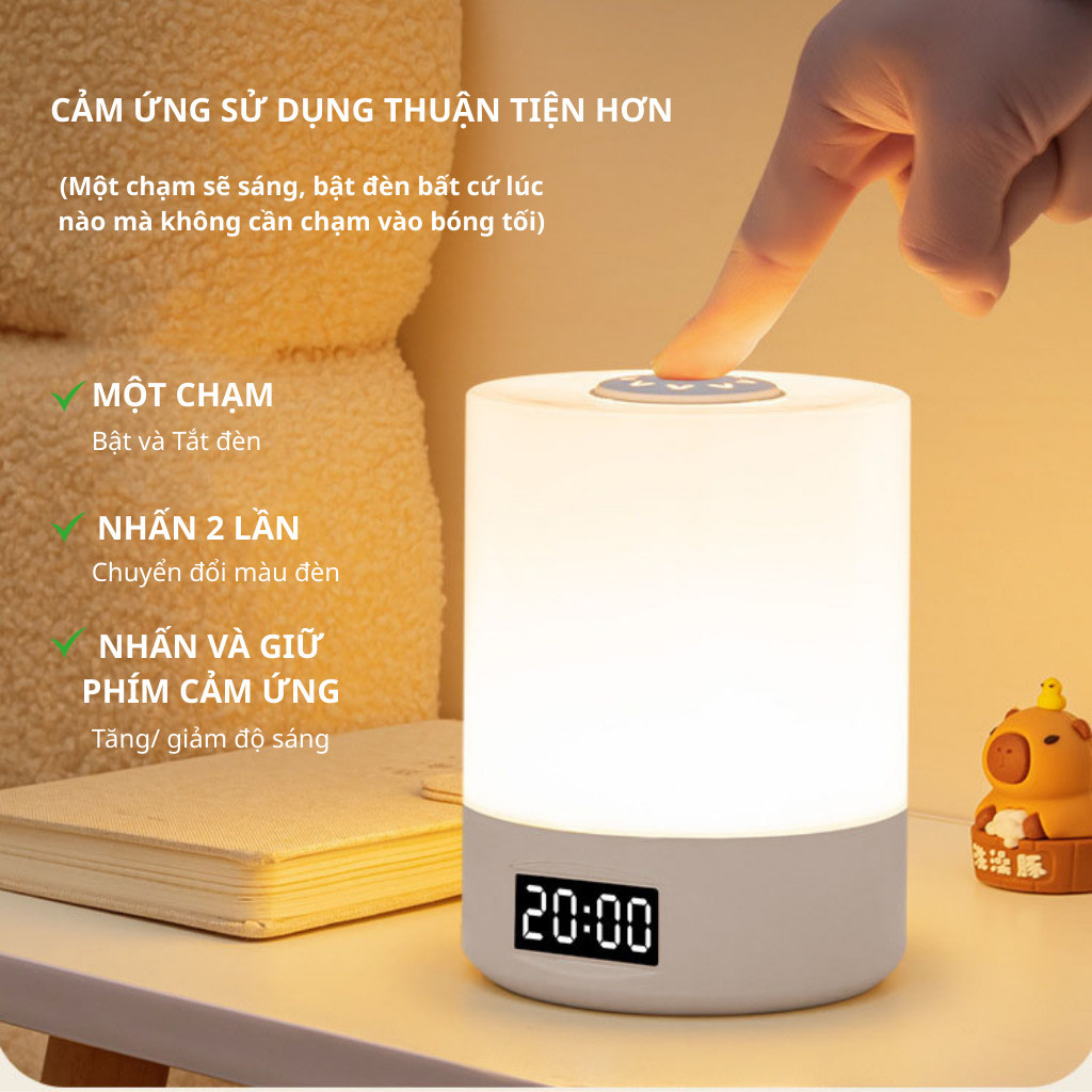 Đèn ngủ để bàn tích điện cảm ứng đa năng 3 màu ánh sáng, đèn ngủ led tích hợp đồng hồ trang trí phòng ngủ