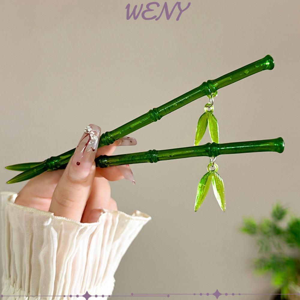 Kẹp Tóc Đũa WENY Lá Tre Phong Cách Trung Hoa, Màu Xanh Vintage Cho Nữ