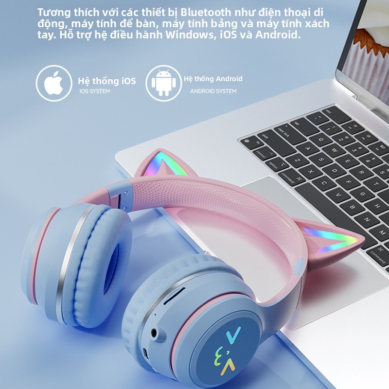 Tai nghe Bluetooth tai mèo, có đèn LED, chip Bluetooth 5.1, có thể gập lại, dùng cho chơi game, học tập và trực tuyến.