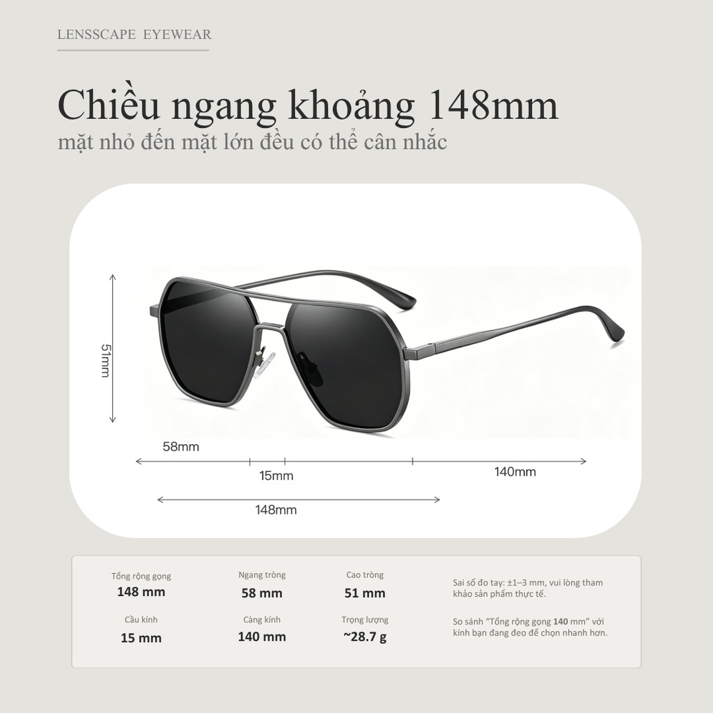 Kính mát phân cực nam dáng phi công vuông gọng nhôm magie nhẹ UV400