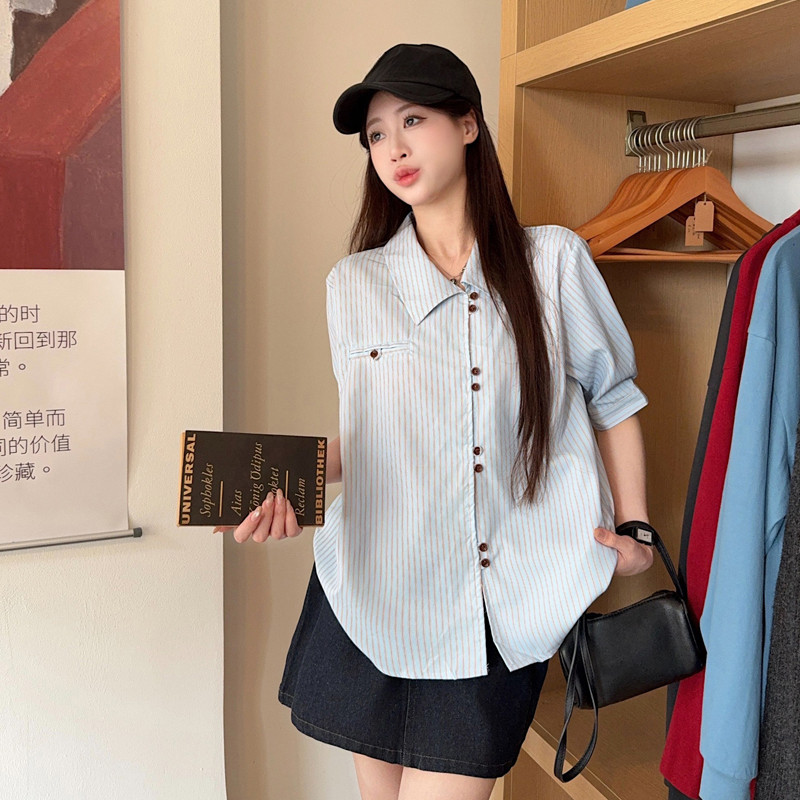 SUXI Áo sơ mi ngắn tay kiểu Pháp sọc giản dị, phù hợp mùa hè 260410