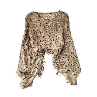 Áo len móc ren cổ điển dành cho nữ, tay cánh dơi, có tua rua, dáng rộng, tay dài, kiểu áo croptop.