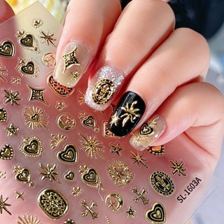 Miếng dán móng 5D dập nổi hình trái tim chữ thập, họa tiết kim loại Bronzing, decal trang trí nghệ thuật cho tiệm làm móng