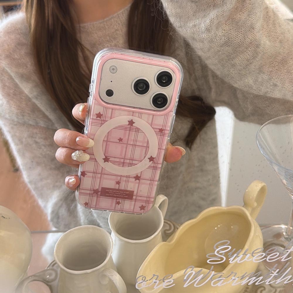Ốp Lưng Cứng Tương Thích Với iPhone 13 14 14Pro 14ProMax 15 15Pro 15ProMax 16 16Pro 16ProMax 17 17Pro 17ProMax Vỏ Nam Châm Họa Tiết Ngôi Sao Lưới Màu Hồng