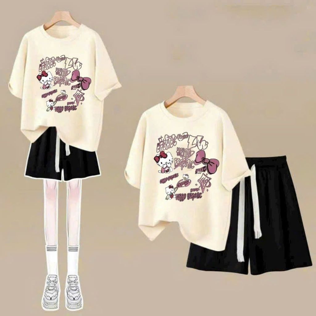 sét bộ quần đùi cộc dây to trơn+mix áo phông form rộng in hình mèo cute-chang3158