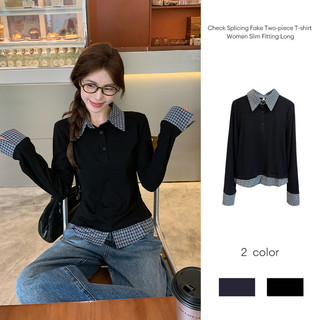 Áo thun hai mảnh giả phối ren, tay dài, cổ polo, dáng ôm cho nữ.