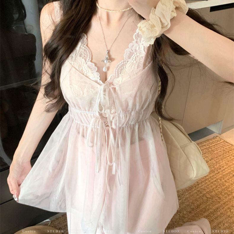 Bộ đồ nóng bỏng nữ mùa xuân, áo vest ren lưới hai mảnh